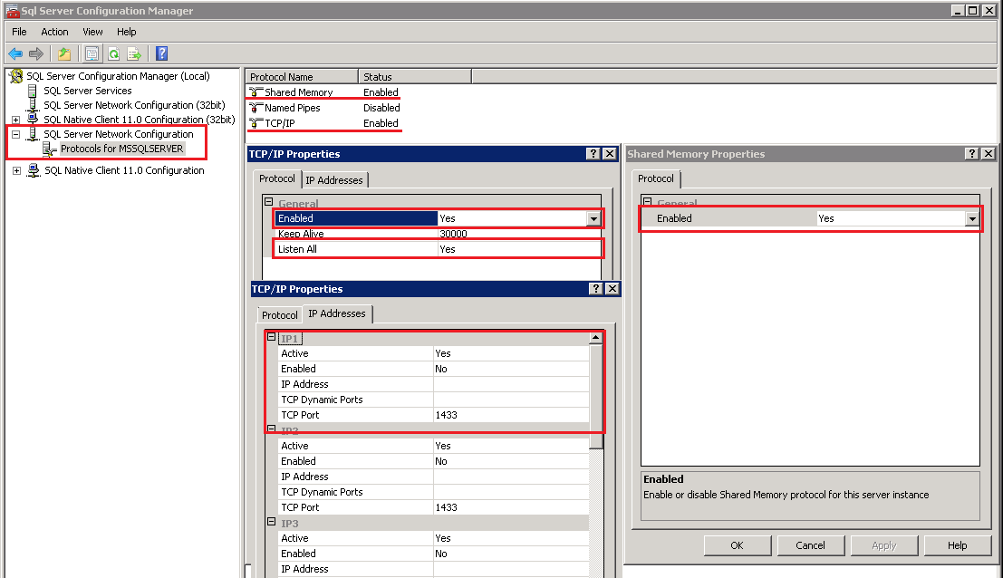 SQL Server Configuration Manager: протоколы